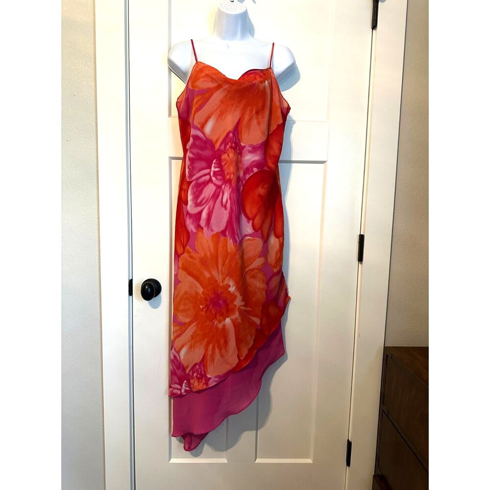 Pink & Orange Floral Print Asymmetrical Spaghetti Strap Y2K Midi Dress